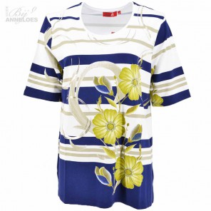 T-shirt streep-bloem - Wit marine groen